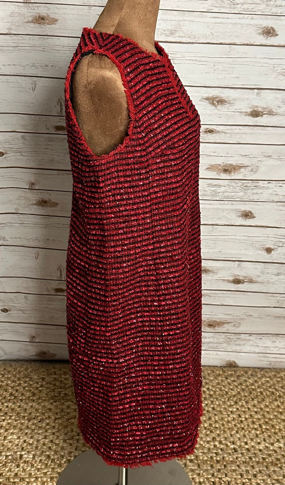 Ann Taylor red black metallic tweed fringe V-neck sleeveless shift dress Size 6