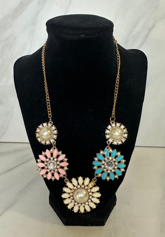 Pink turquoise ivory faux pearl rhinestone floral medallion statement necklace