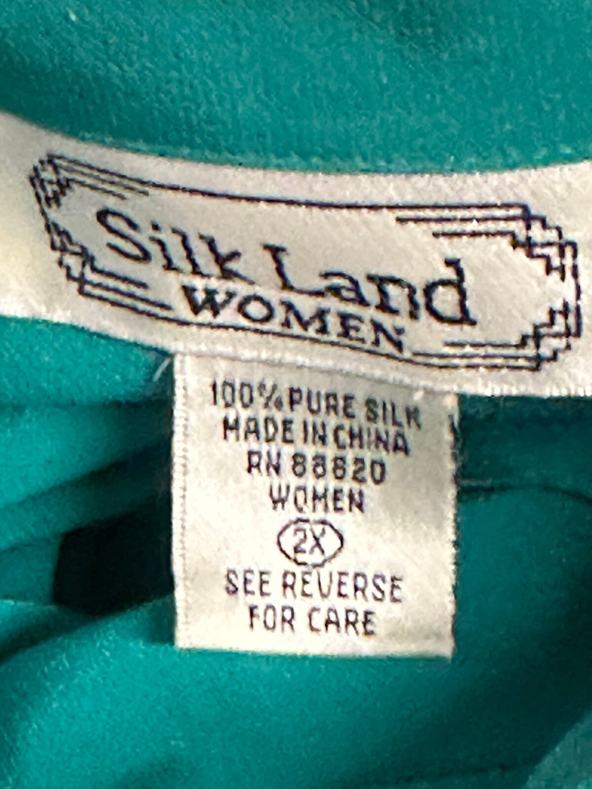 Vintage Silk Land Women blue green long sleeve button-up 100% silk blouse 2X