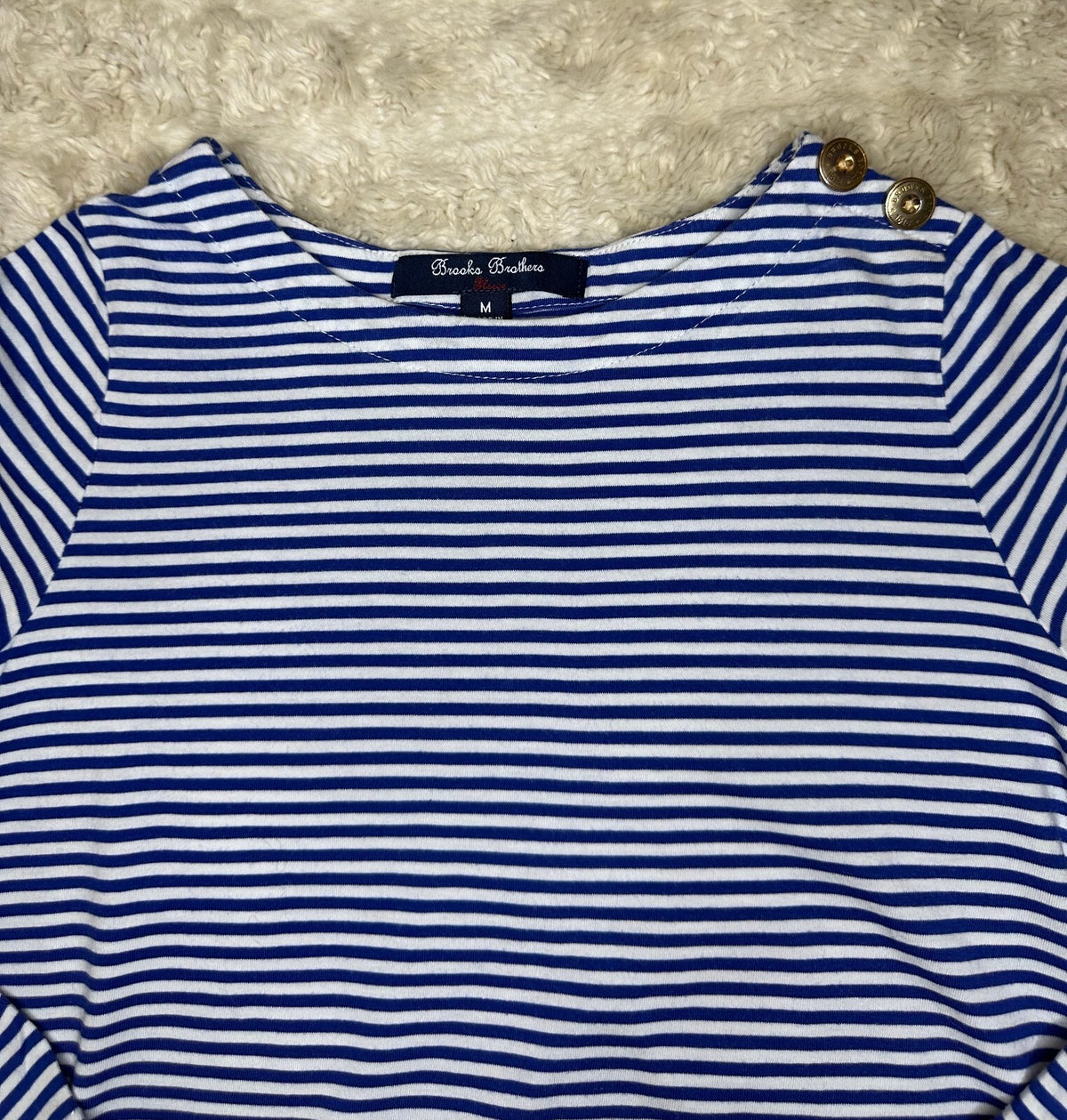 Brooks Brothers Fleece blue white striped long sleeve top Medium preppy nautical