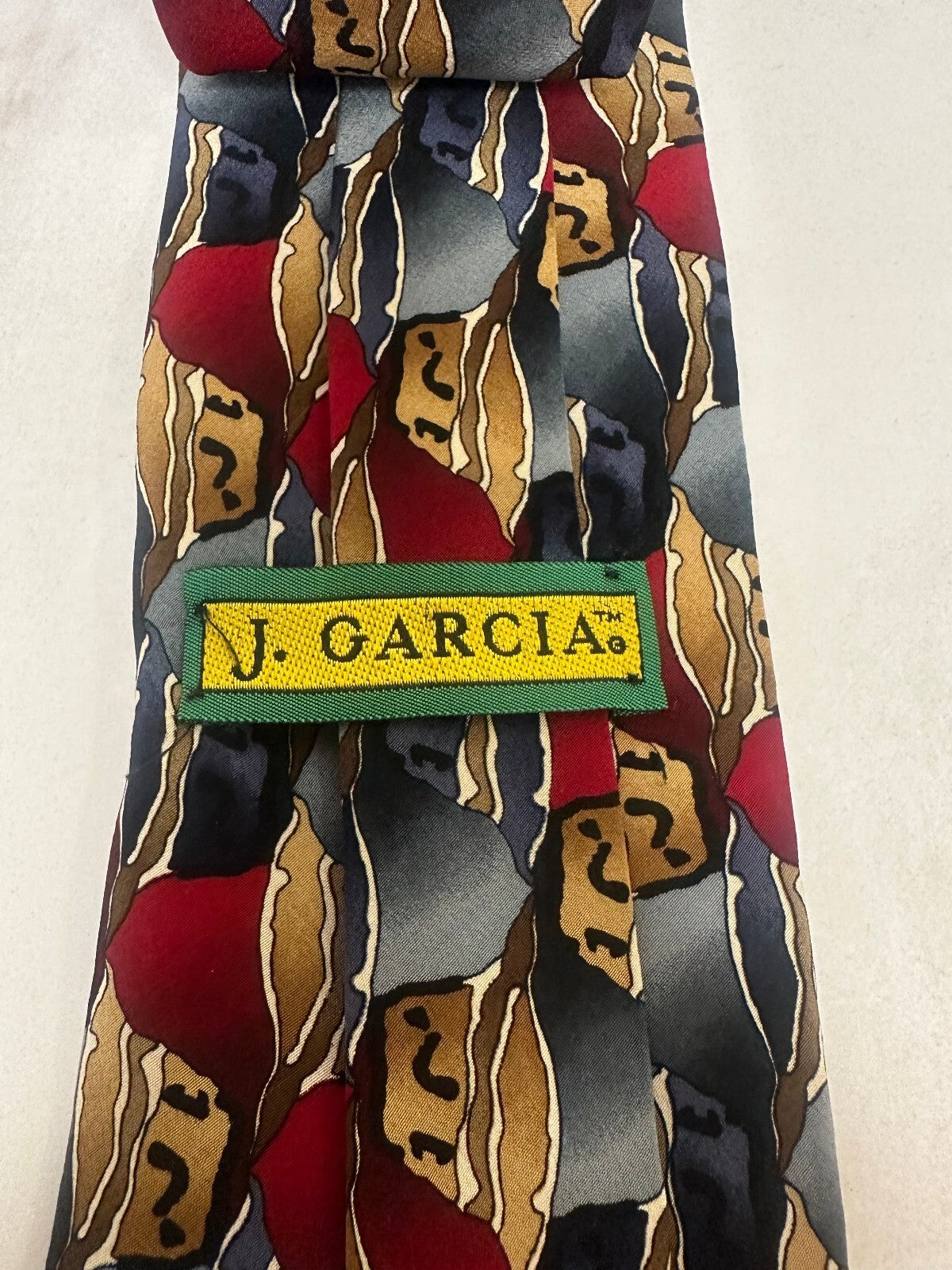 Vintage J. Garcia burgundy grey abstract geometric 100% silk tie made in USA