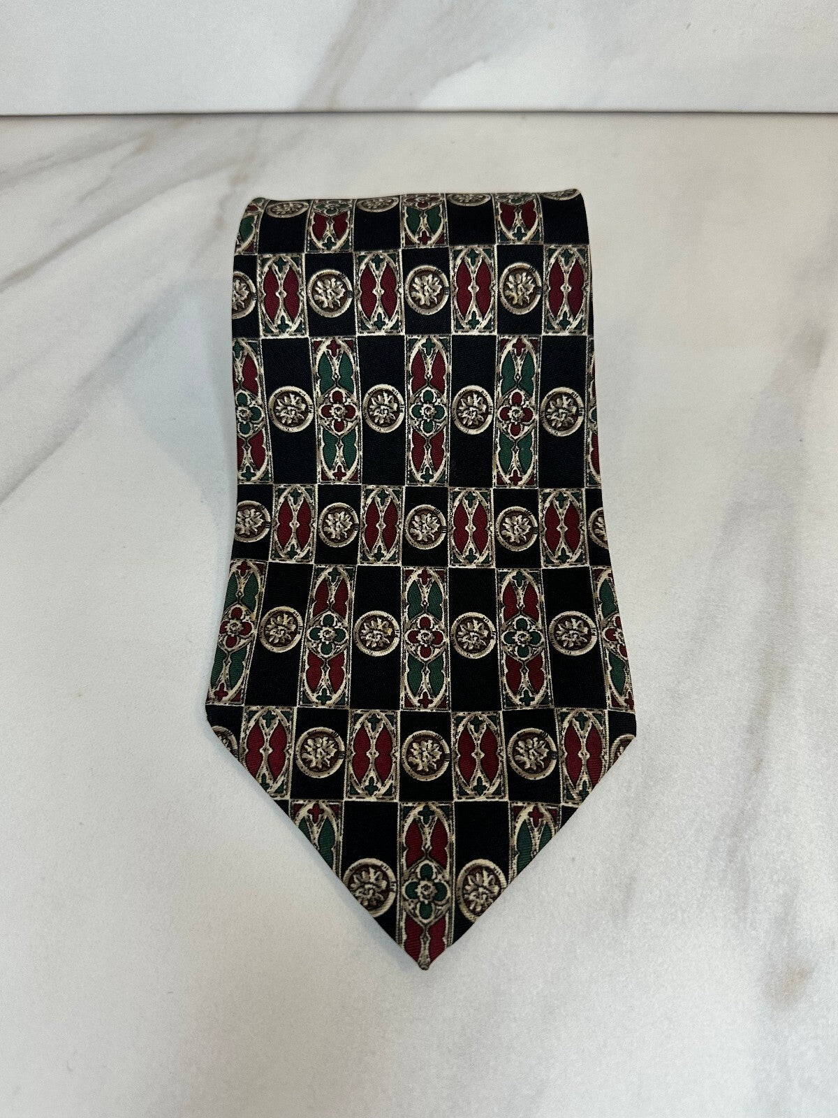 Vintage Christian Dior Crevates black burgundy teal cream 100% silk tie designer