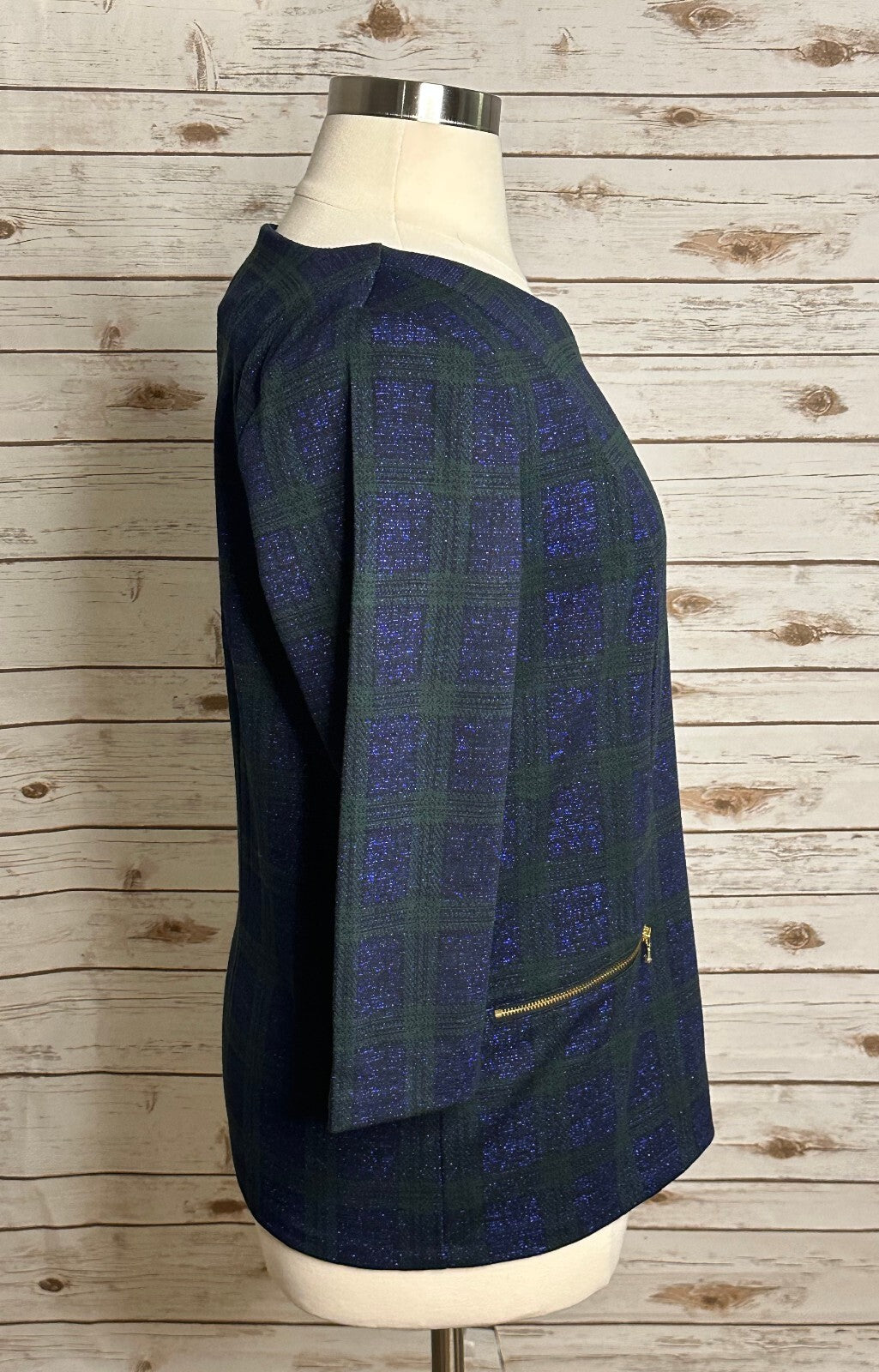 Talbots metallic navy green plaid 3/4 length sleeve gold zipper top 1X preppy