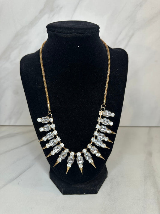 Crystal rhinestone gold tone spike statement bib necklace