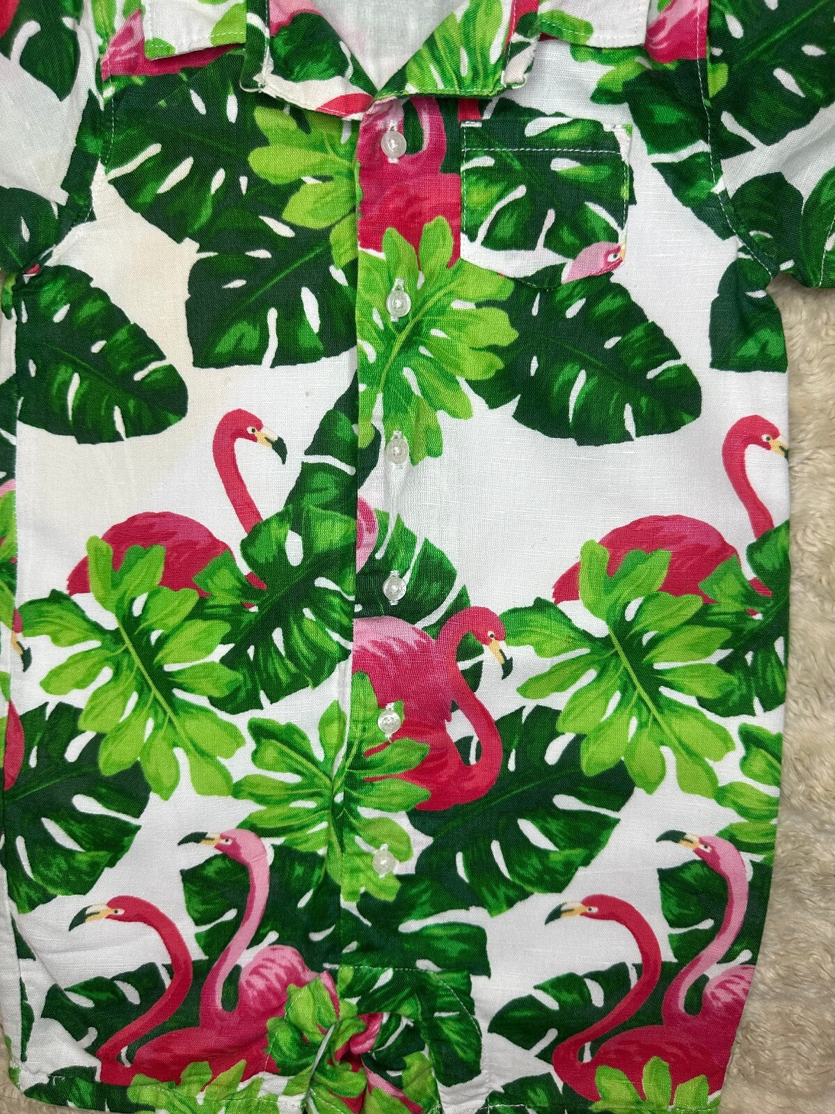 Janie and Jack green pink white short sleeve linen-cotton romper 18-24M tropical