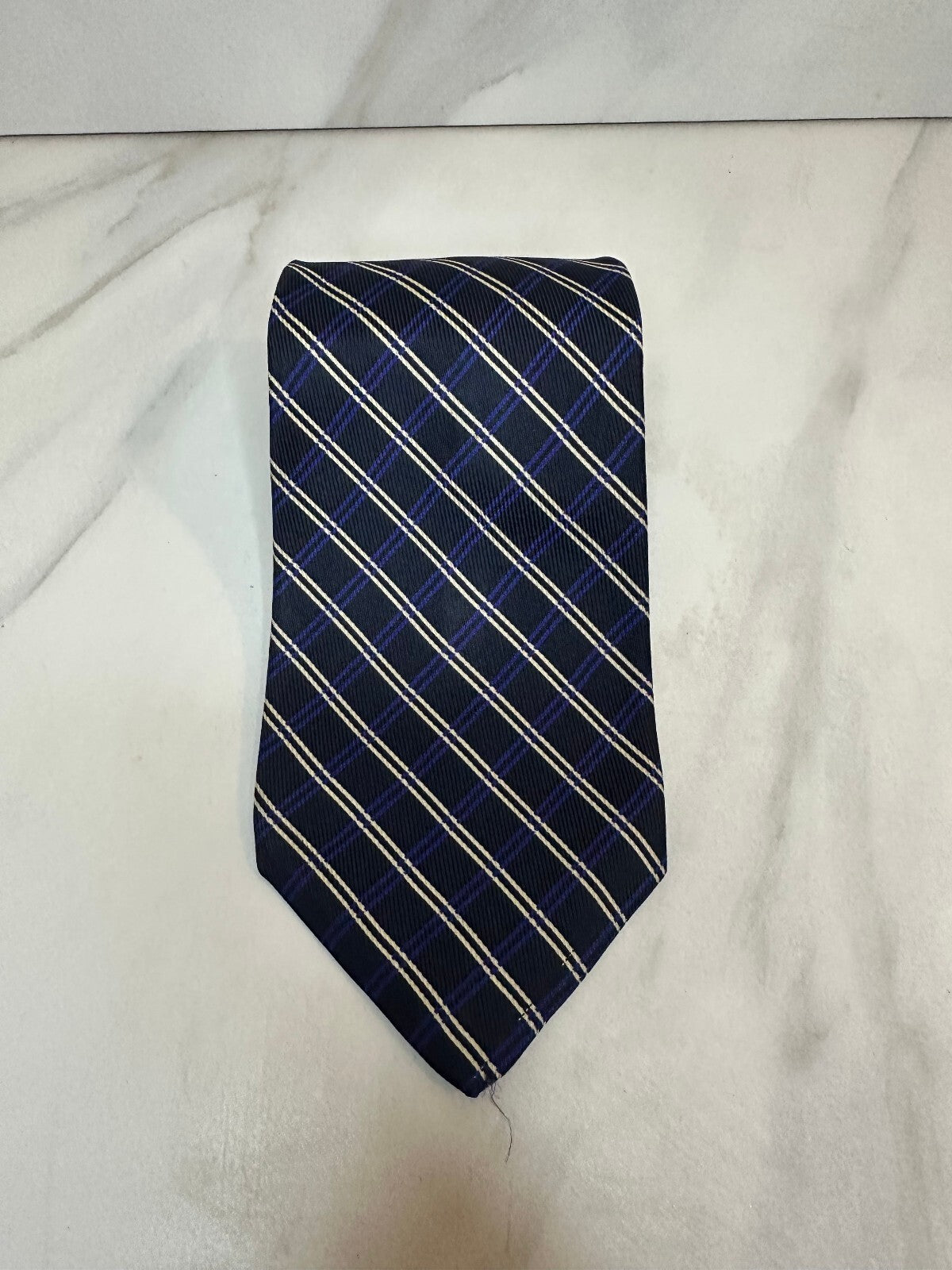 Vintage Polo by Ralph Lauren navy cream plaid 100% silk tie preppy old money