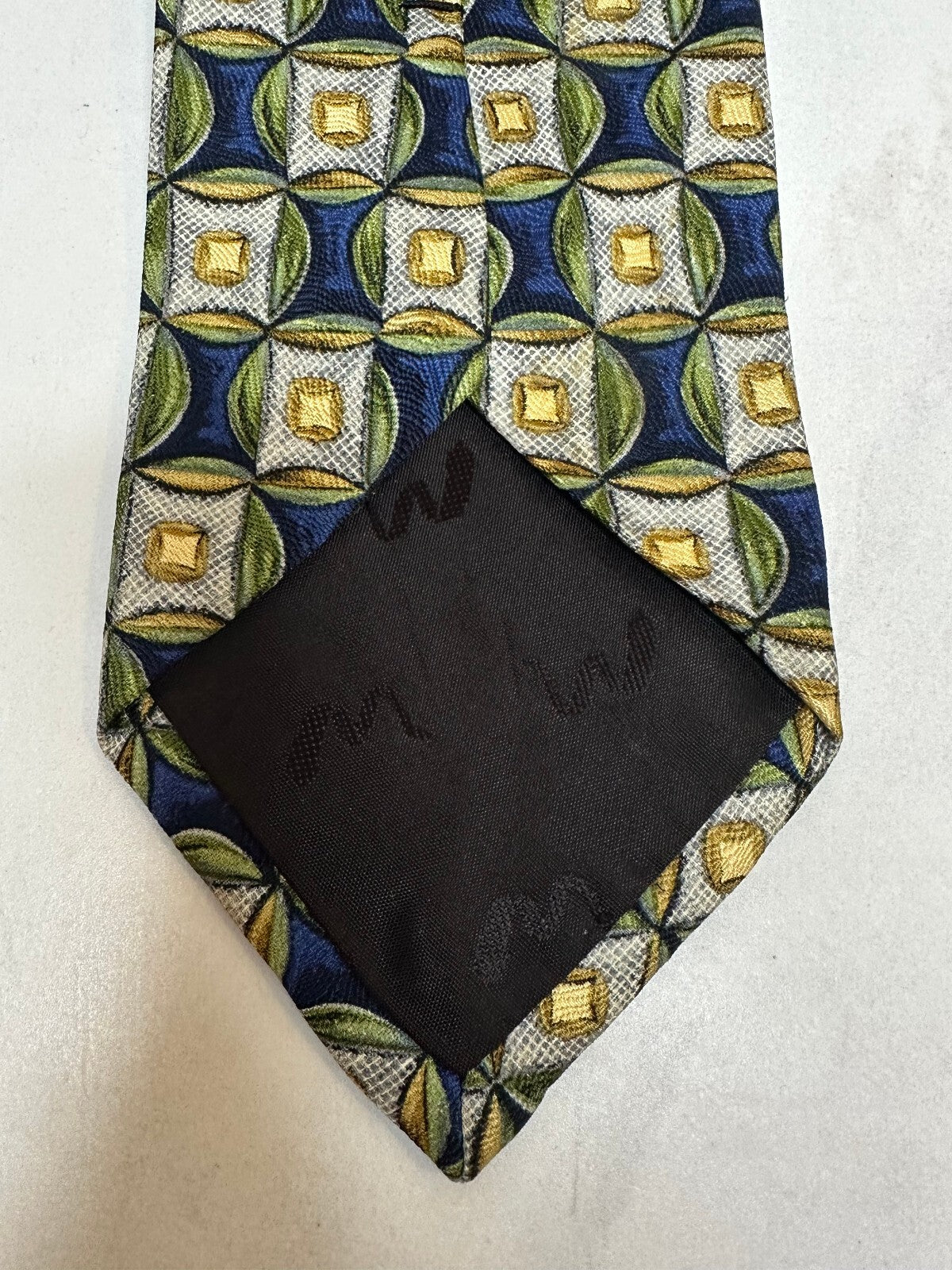 Mulberry blue green yellow cream geometric 100% Italian silk tie made in USA