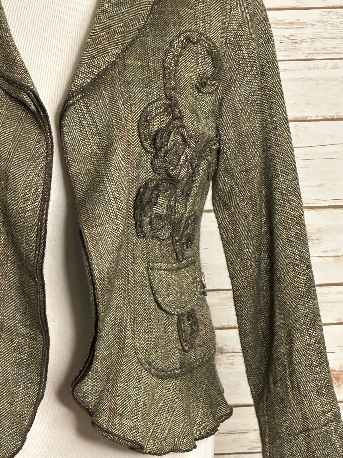 Coldwater Creek brown herringbone floral embroidered peplum blazer Size P10