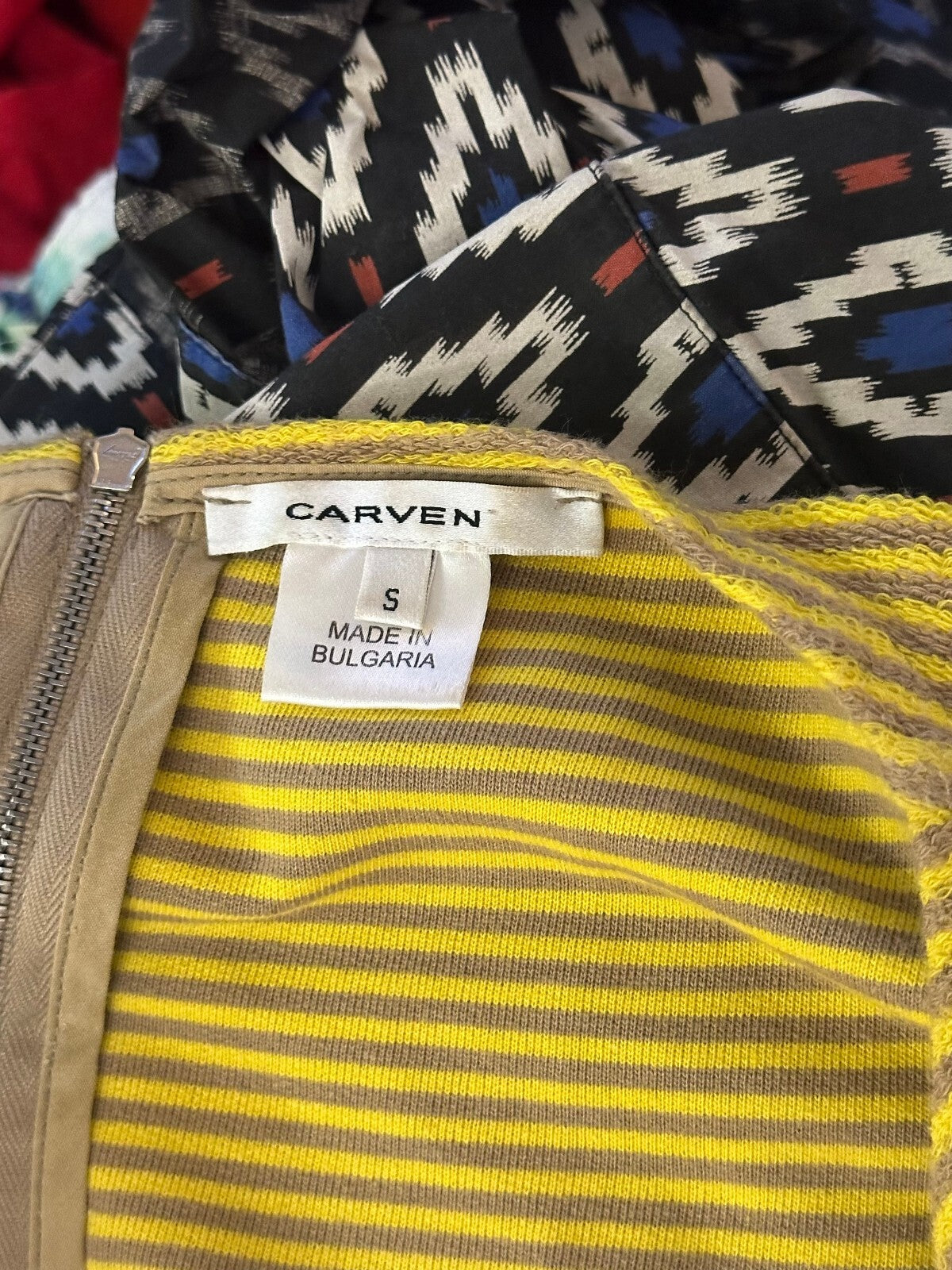 Carven yellow beige striped short sleeve knit sheath dress Size Small twee