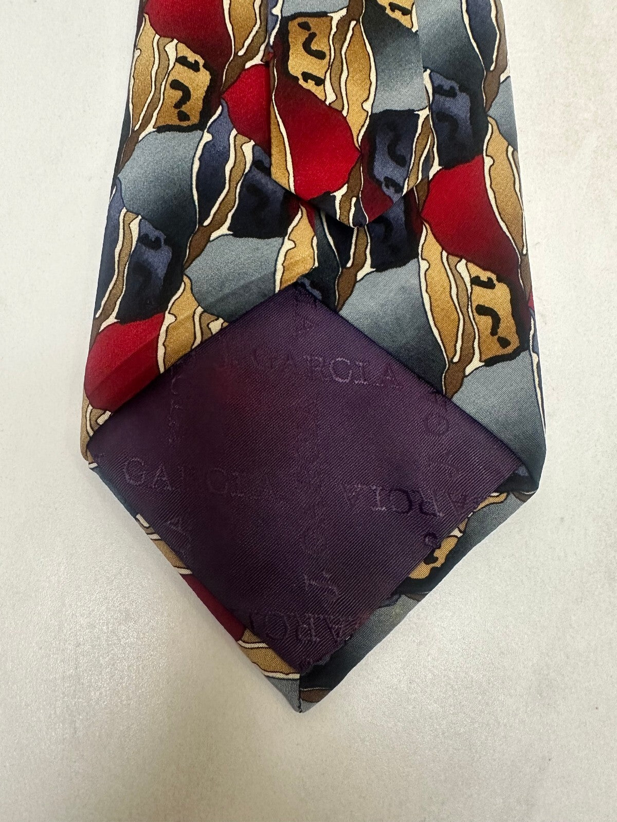 Vintage J. Garcia burgundy grey abstract geometric 100% silk tie made in USA