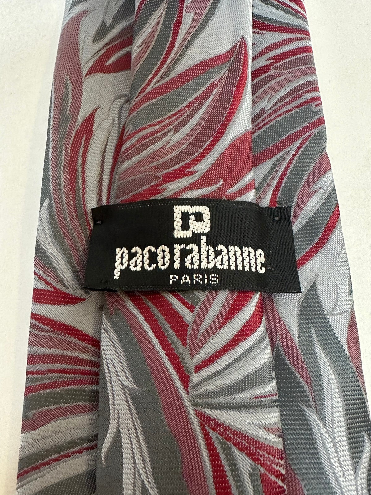 Vintage Paco Rabanne Paris silver burgundy abstract botanical tie old money