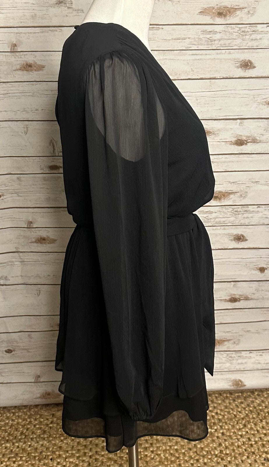 Express Conscious Edit black chiffon sheer long sleeve wrap-style romper Medium