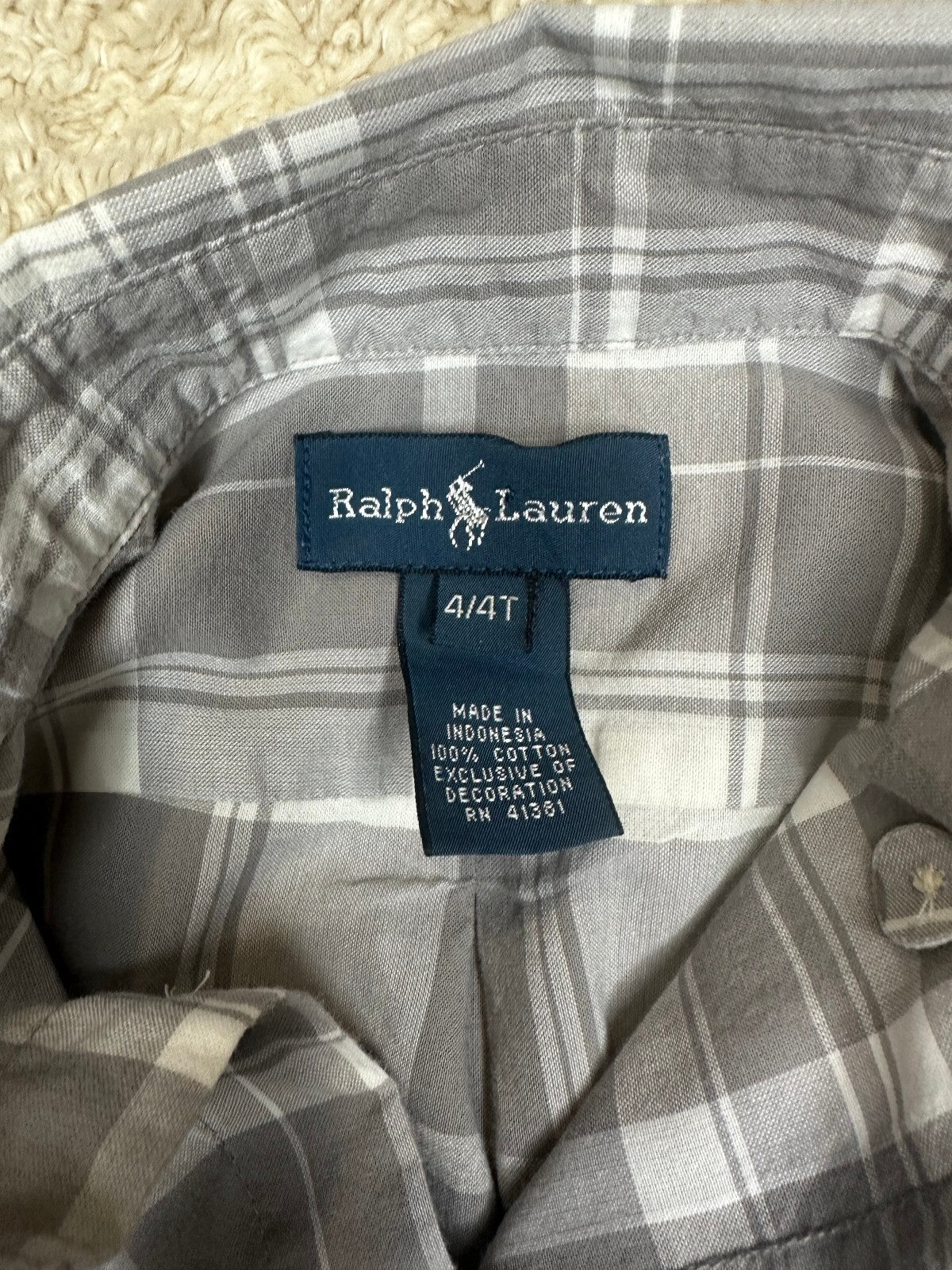 Ralph Lauren grey white plaid button-down long sleeve shirt 4/4T preppy classic
