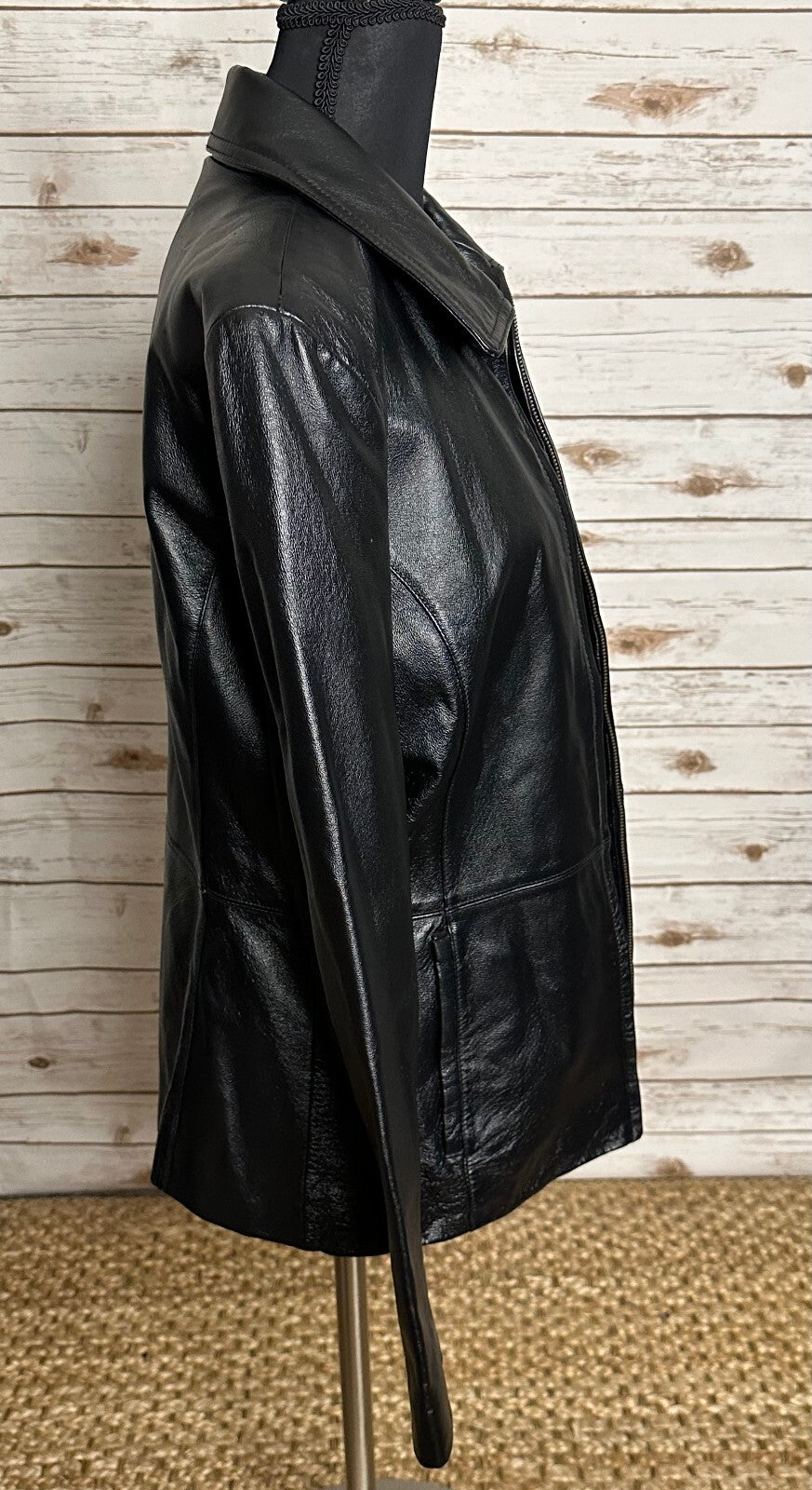 Black 100% leather full zip long sleeve jacket Small minimalist quiet luxury