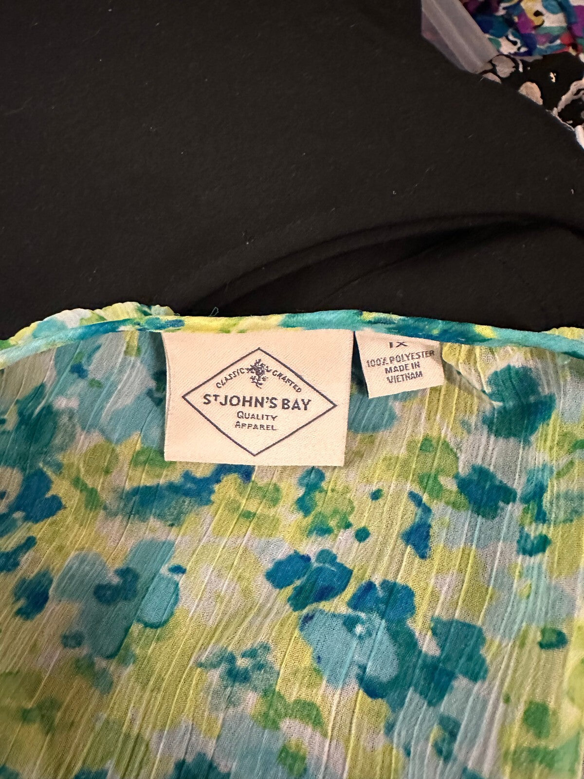 St John's Bay blue green floral 3/4 sleeve crinkle button-up peasant blouse 1X
