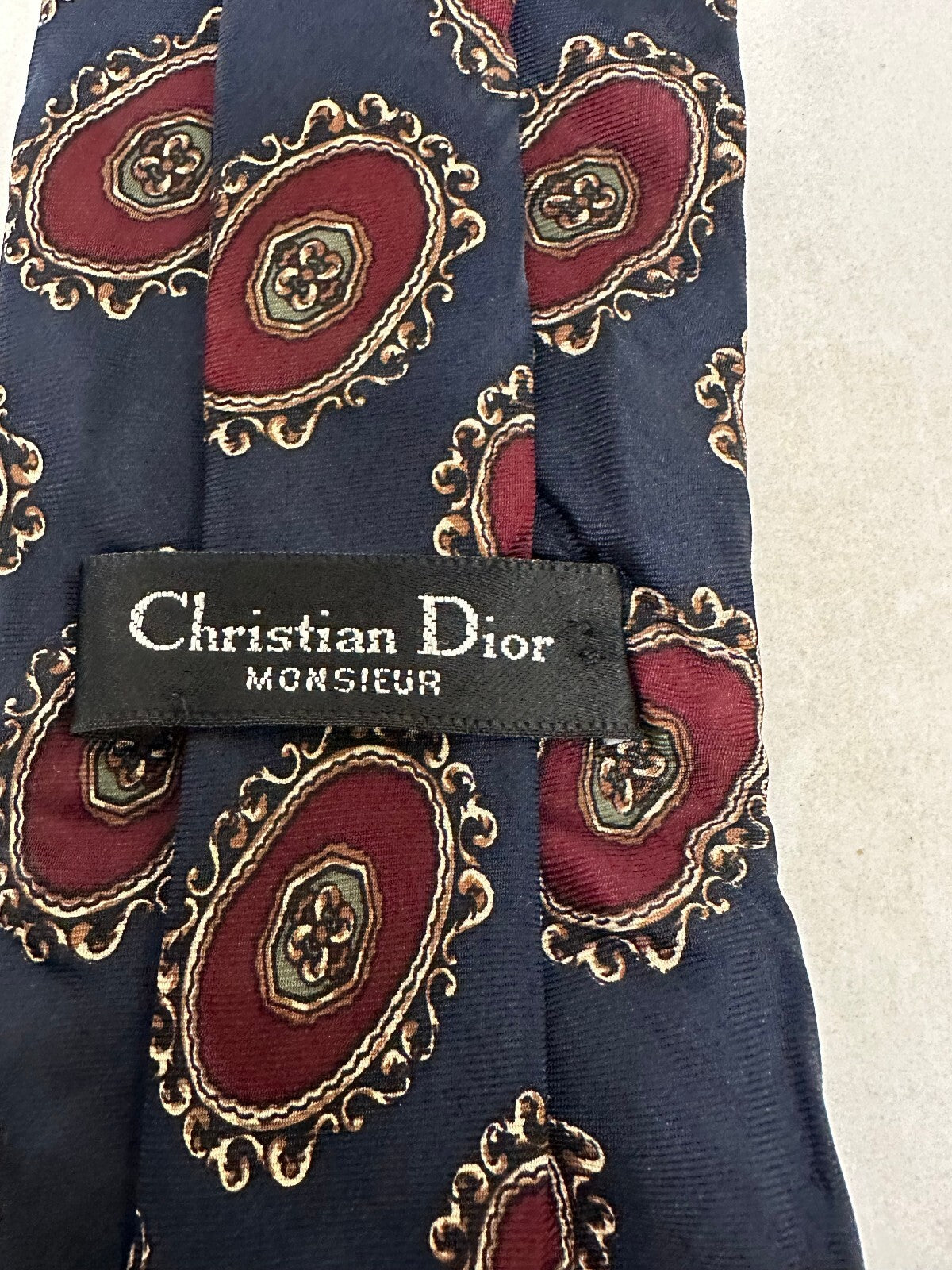 Vintage Christian Dior navy burgundy medallion 100% silk tie quiet luxury
