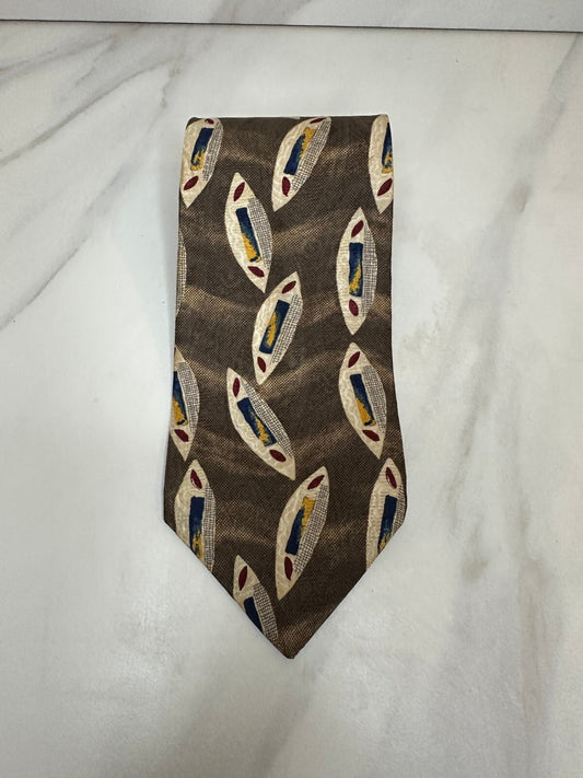 Vintage Oscar de la Renta khaki multicolored geometric 100% silk tie made in USA