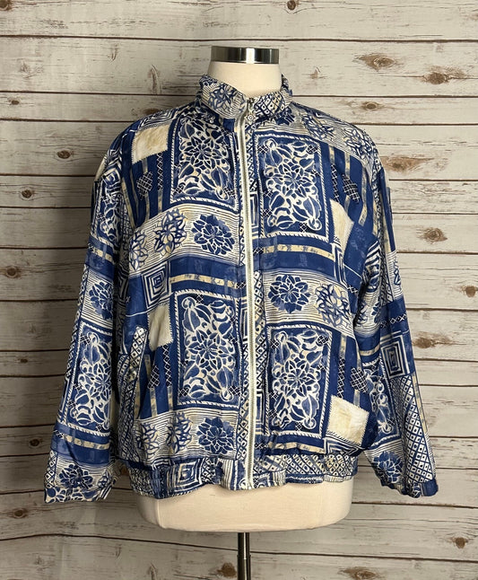 Vintage East West Silks blue white geometric 100% silk bomber-style jacket Large