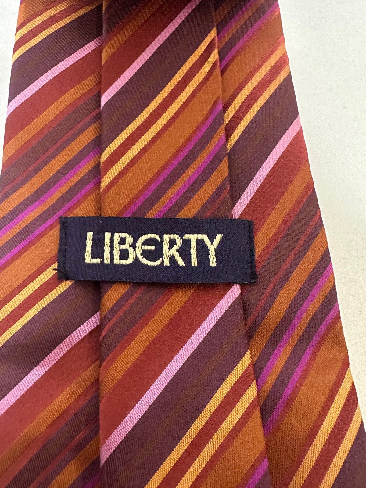 Liberty of London burgundy purple gold striped 100% silk tie made in England