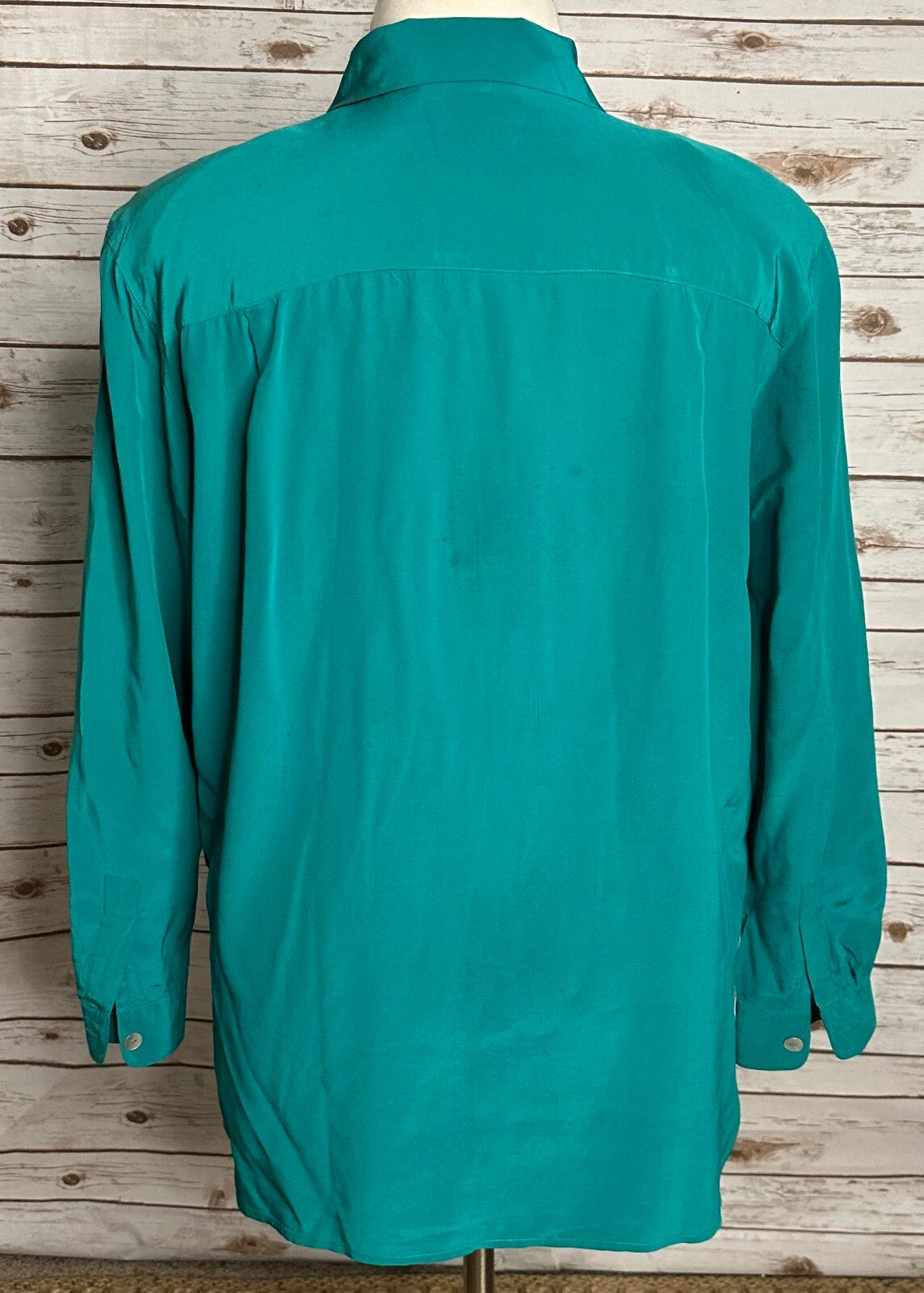 Vintage Silk Land Women blue green long sleeve button-up 100% silk blouse 2X