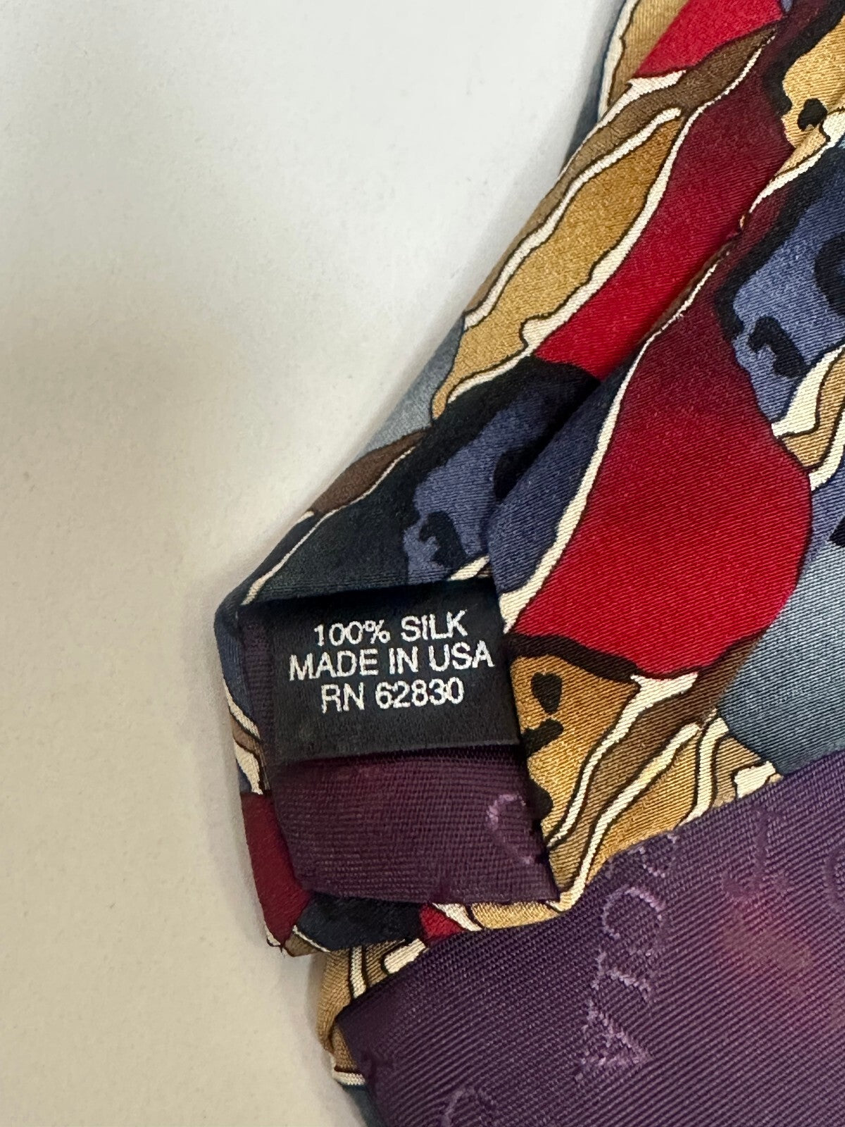 Vintage J. Garcia burgundy grey abstract geometric 100% silk tie made in USA