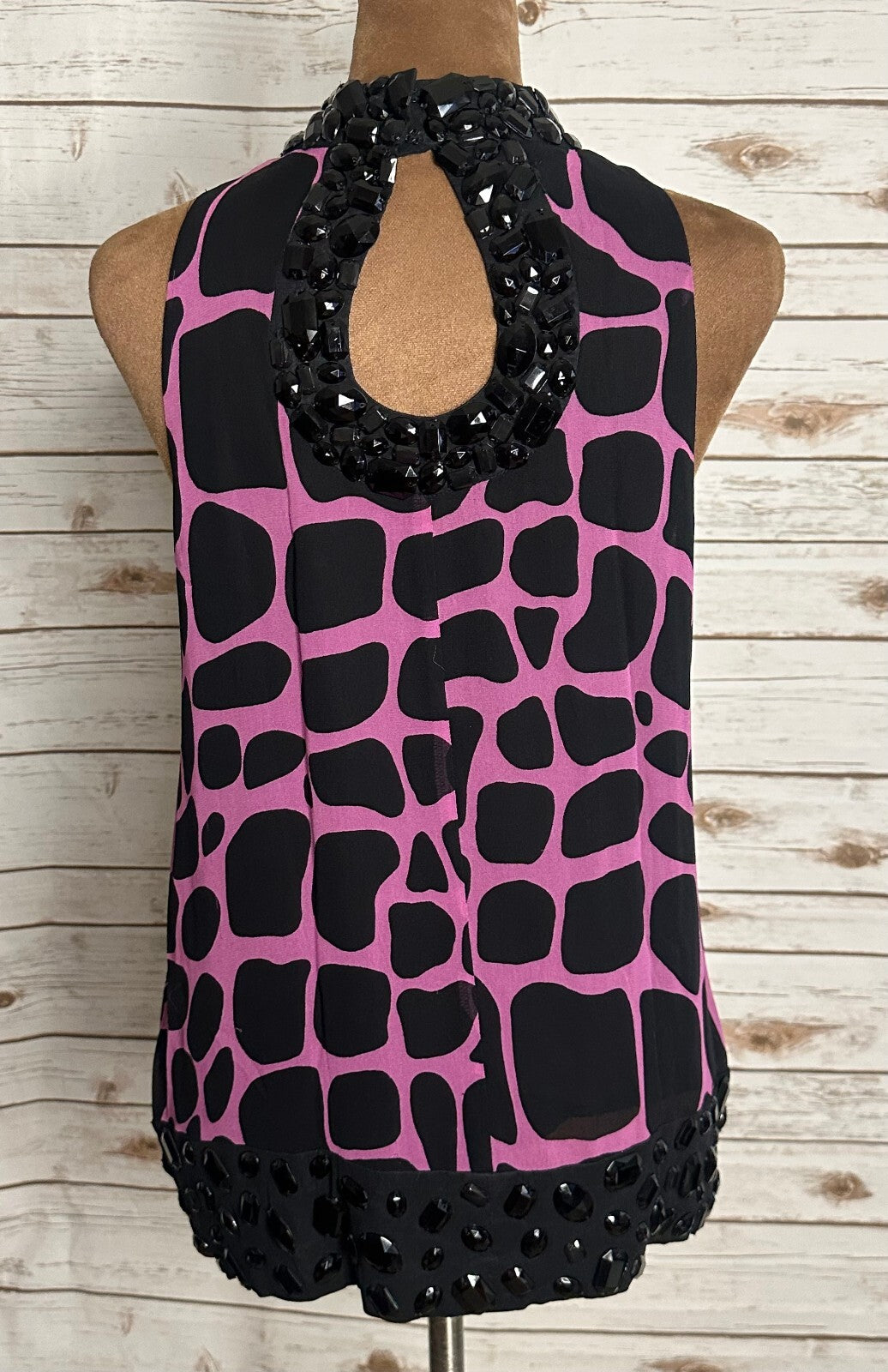 INC International Concepts black purple animal print sleeveless 100% silk top 8P