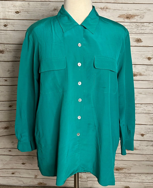Vintage Silk Land Women blue green long sleeve button-up 100% silk blouse 2X