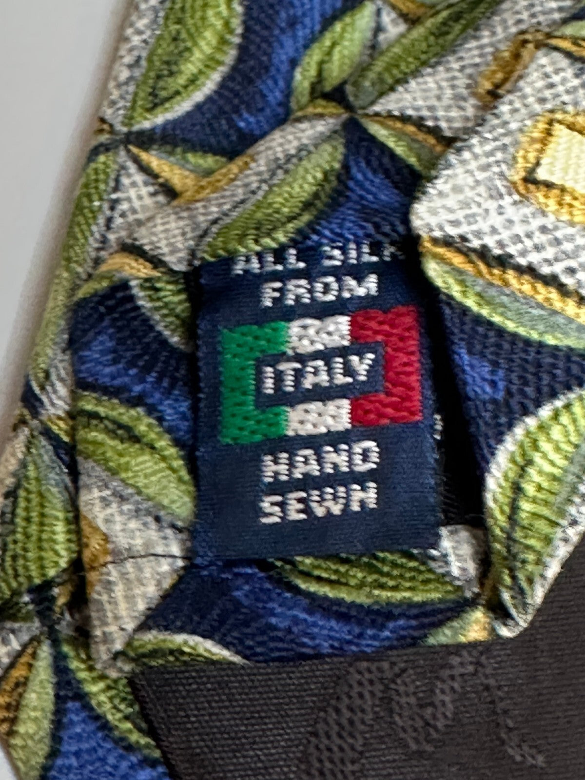 Mulberry blue green yellow cream geometric 100% Italian silk tie made in USA