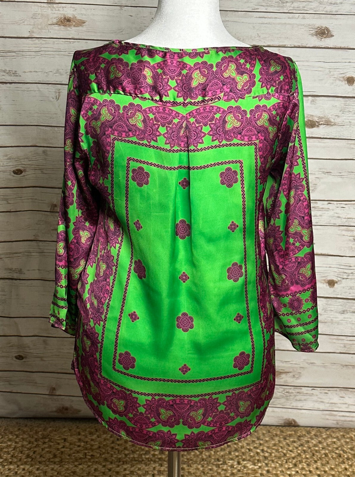 Zara green purple paisley floral 3/4 length sleeve tunic top Medium boho chic