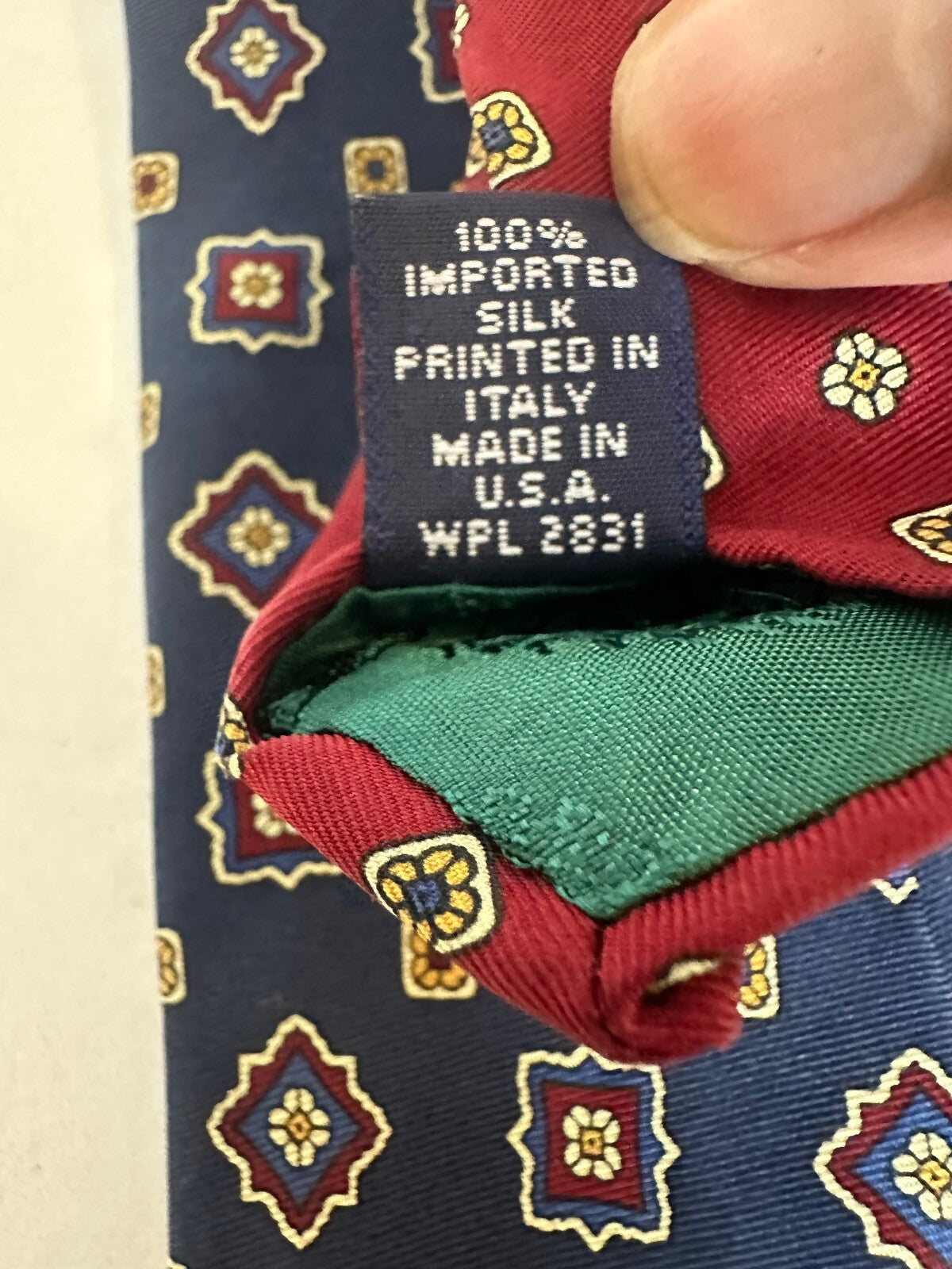Tommy Hilfiger navy burgundy gold crest geometric 100% silk tie old money