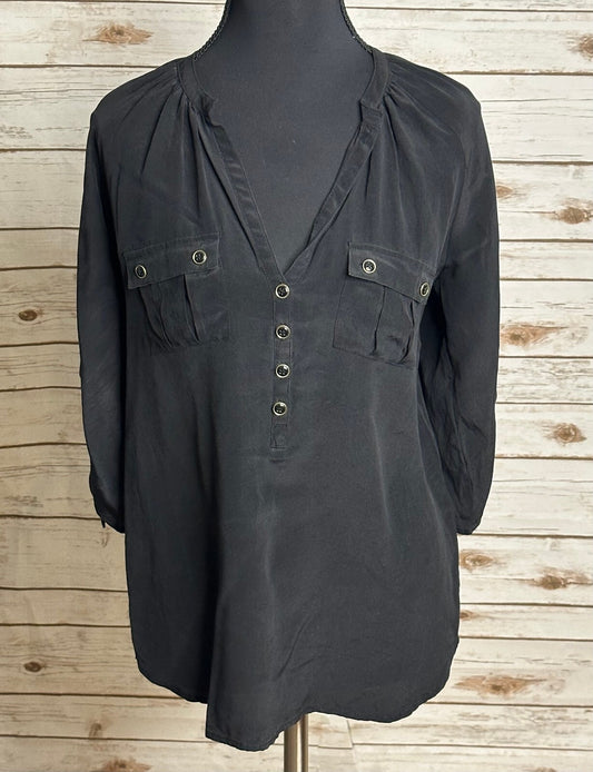 Yumi Kim black 100% silk V-neck utility button-front henley top XS minimalism