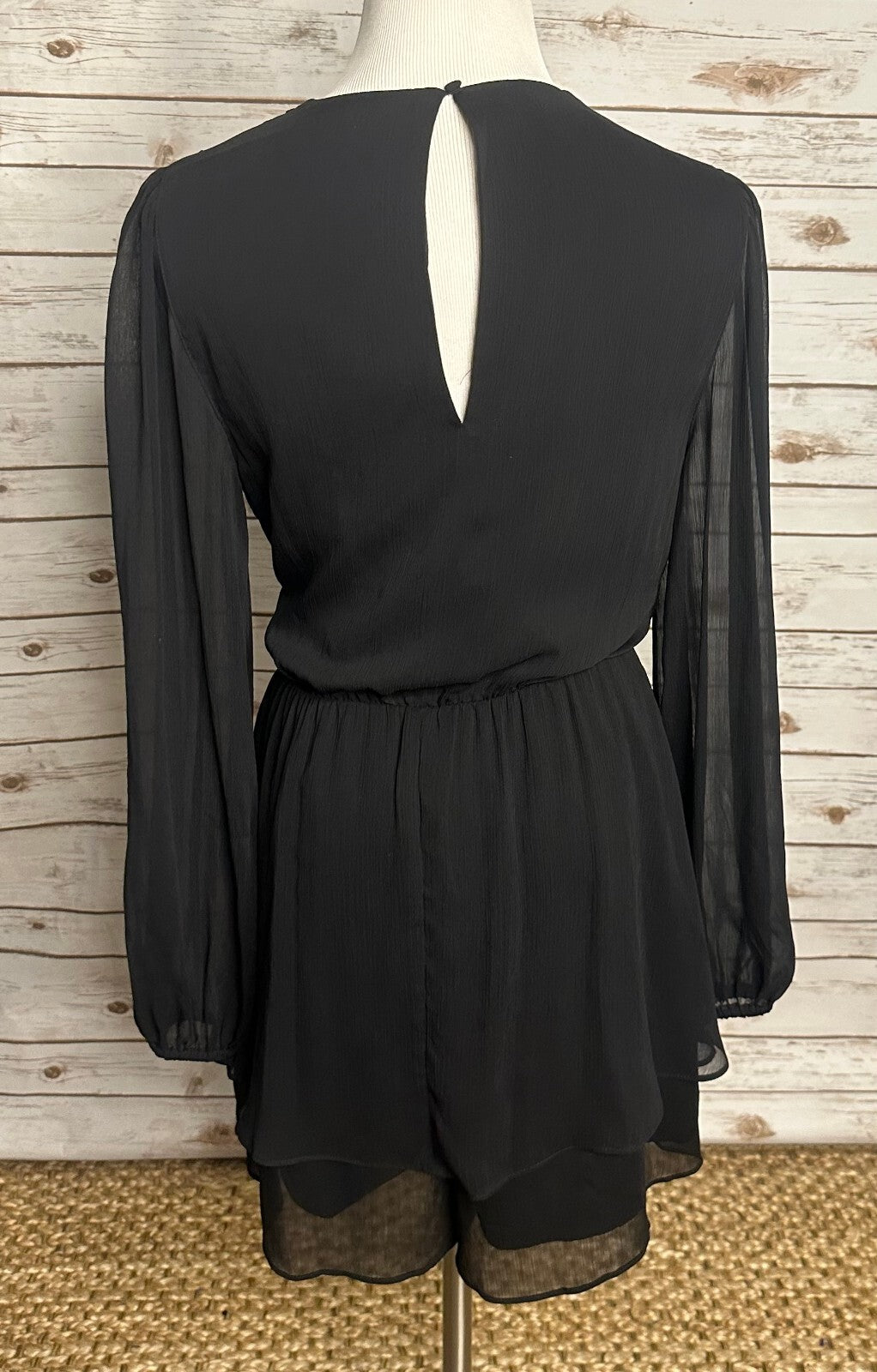 Express Conscious Edit black chiffon sheer long sleeve wrap-style romper Medium