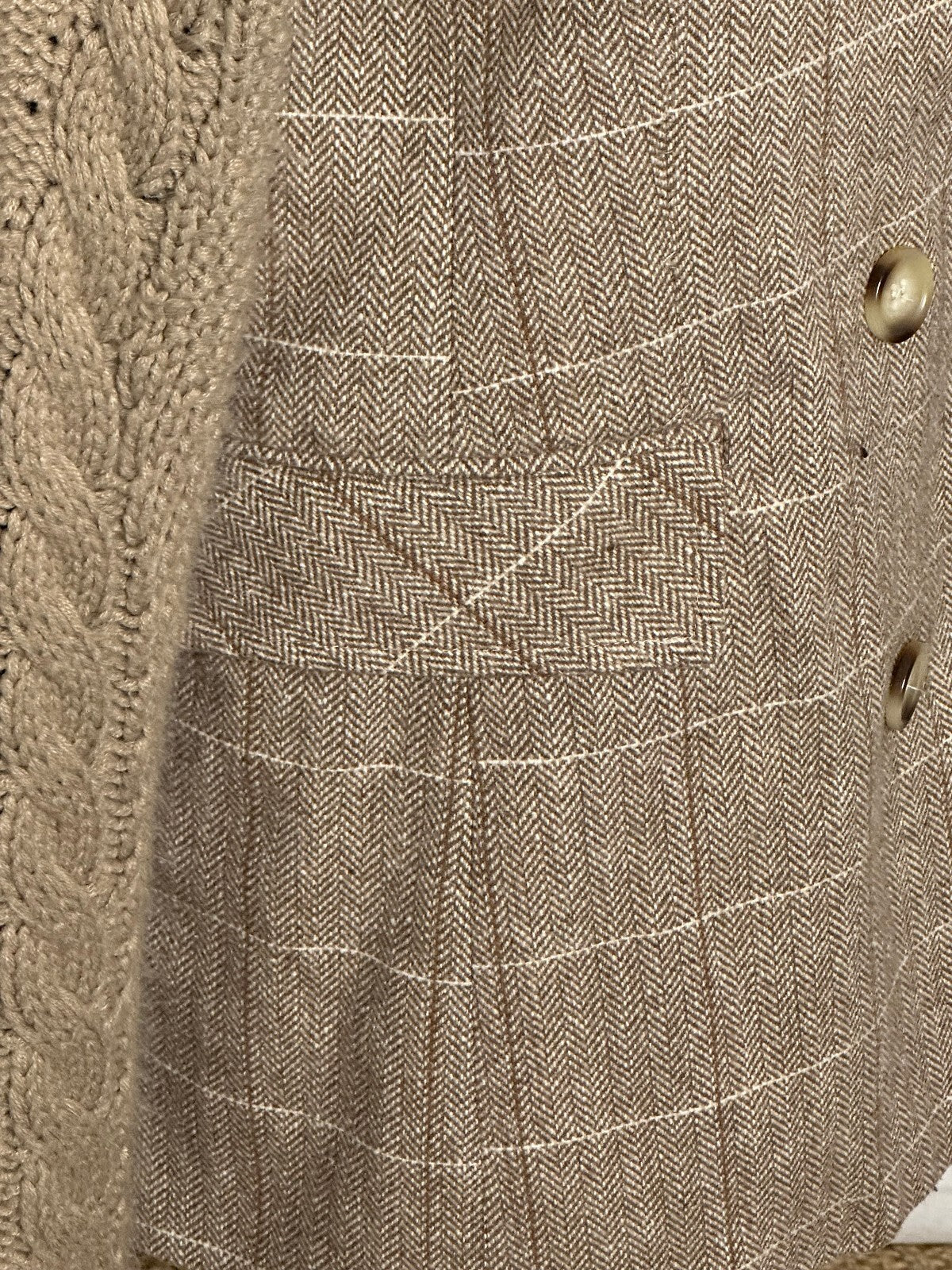 Avec Les Filles taupe herringbone long cable-knit sleeve wool-blend blazer Medium