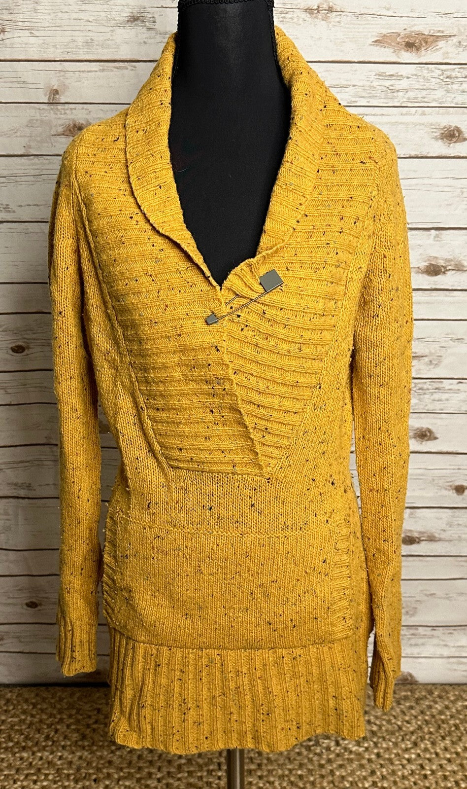 Free People yellow speckled marled shawl collar long sleeve wool sweater Small