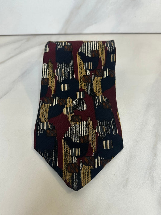 Vintage XMI burgundy multicolored abstract 100% silk tie artsy modern