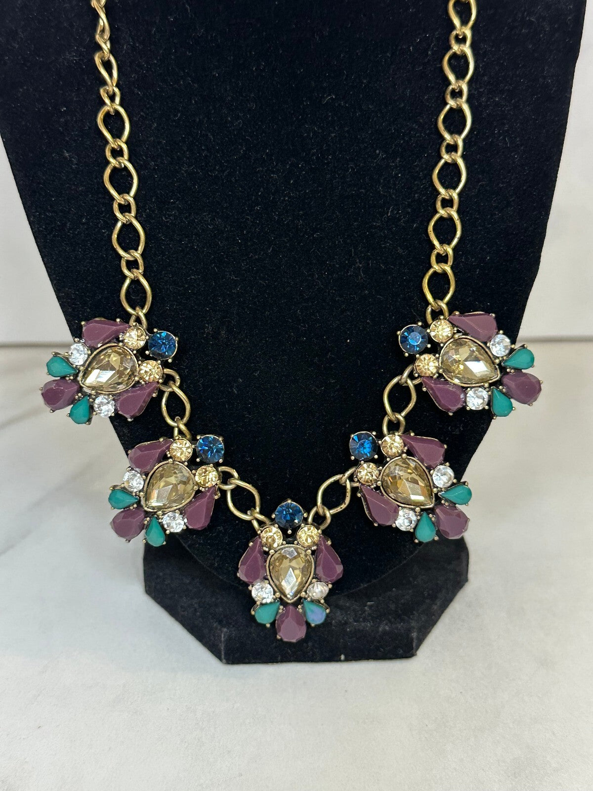 Jewelmint blue purple teal crystal gold tone statement bib necklace