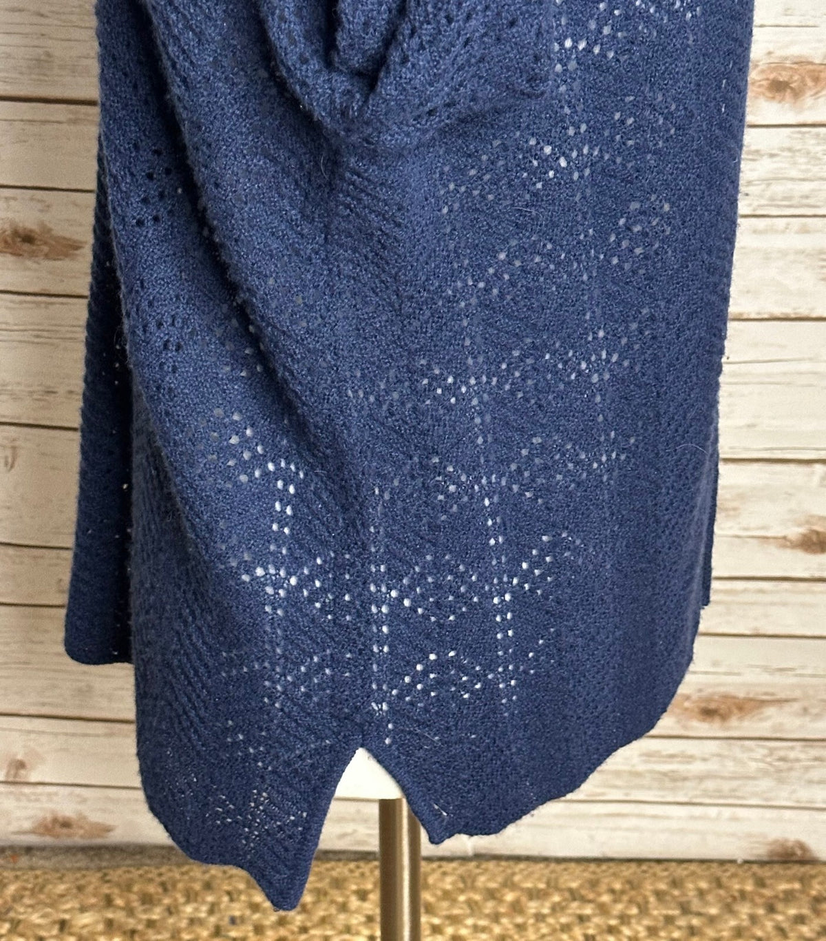 Garnet Hill navy blue cashmere linen pointelle knit open cardigan sweater XS