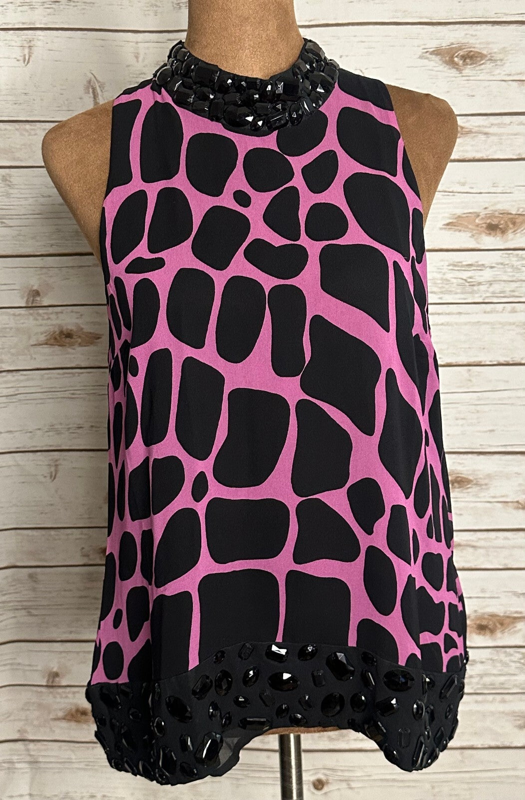 INC International Concepts black purple animal print sleeveless 100% silk top 8P