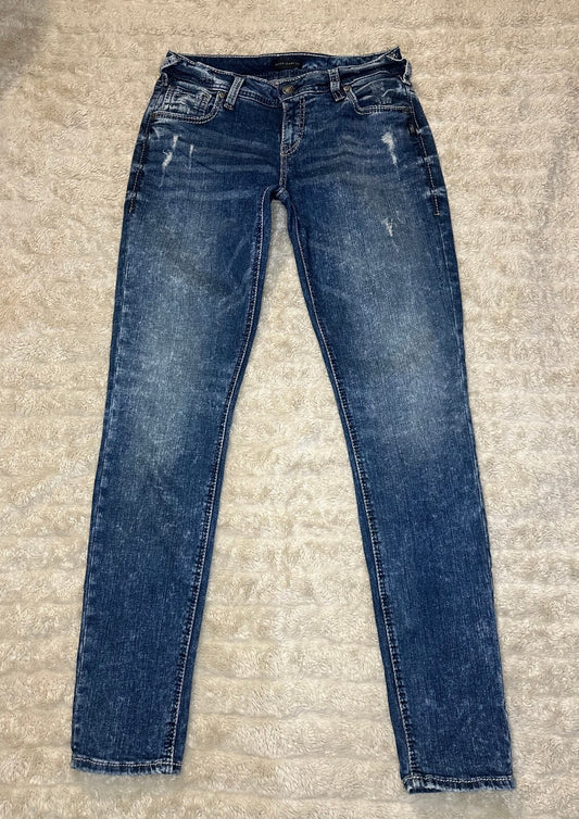 Silver Jeans Co Girlfriend medium wash distressed stretch denim jeans 29x29