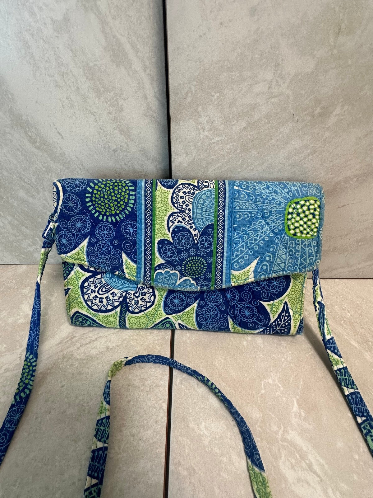 Vera Bradley retired blue green 'Doodle Daisy' quilted flap wallet crossbody bag