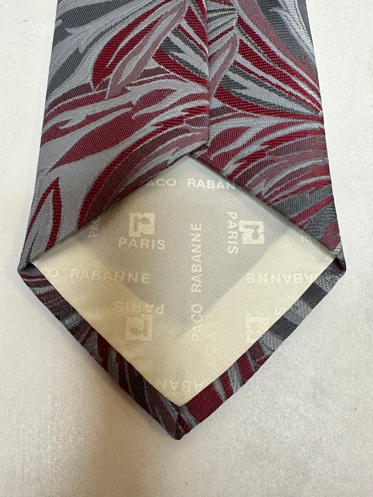 Vintage Paco Rabanne Paris silver burgundy abstract botanical tie old money