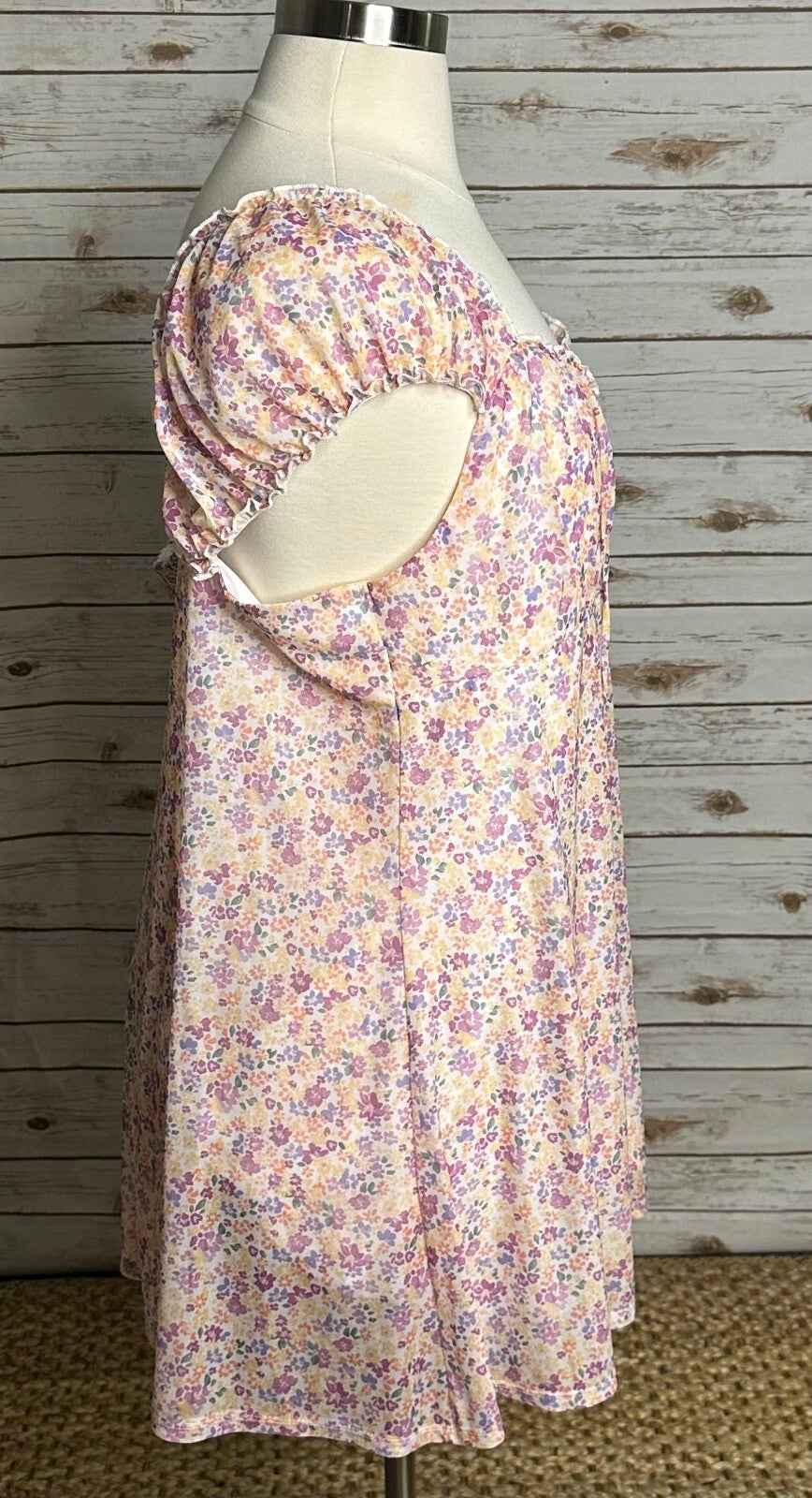 Multicolored ditsy floral puff sleeve empire waist babydoll top 3XL milkmaid