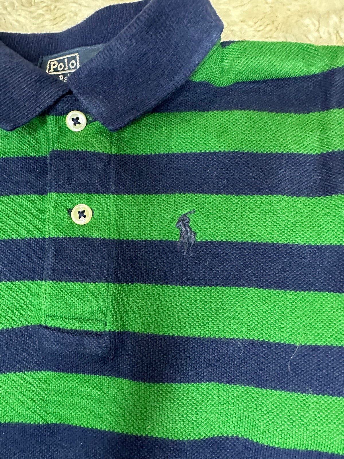 Polo by Ralph Lauren navy green striped rugby-style one-piece/romper 18M preppy