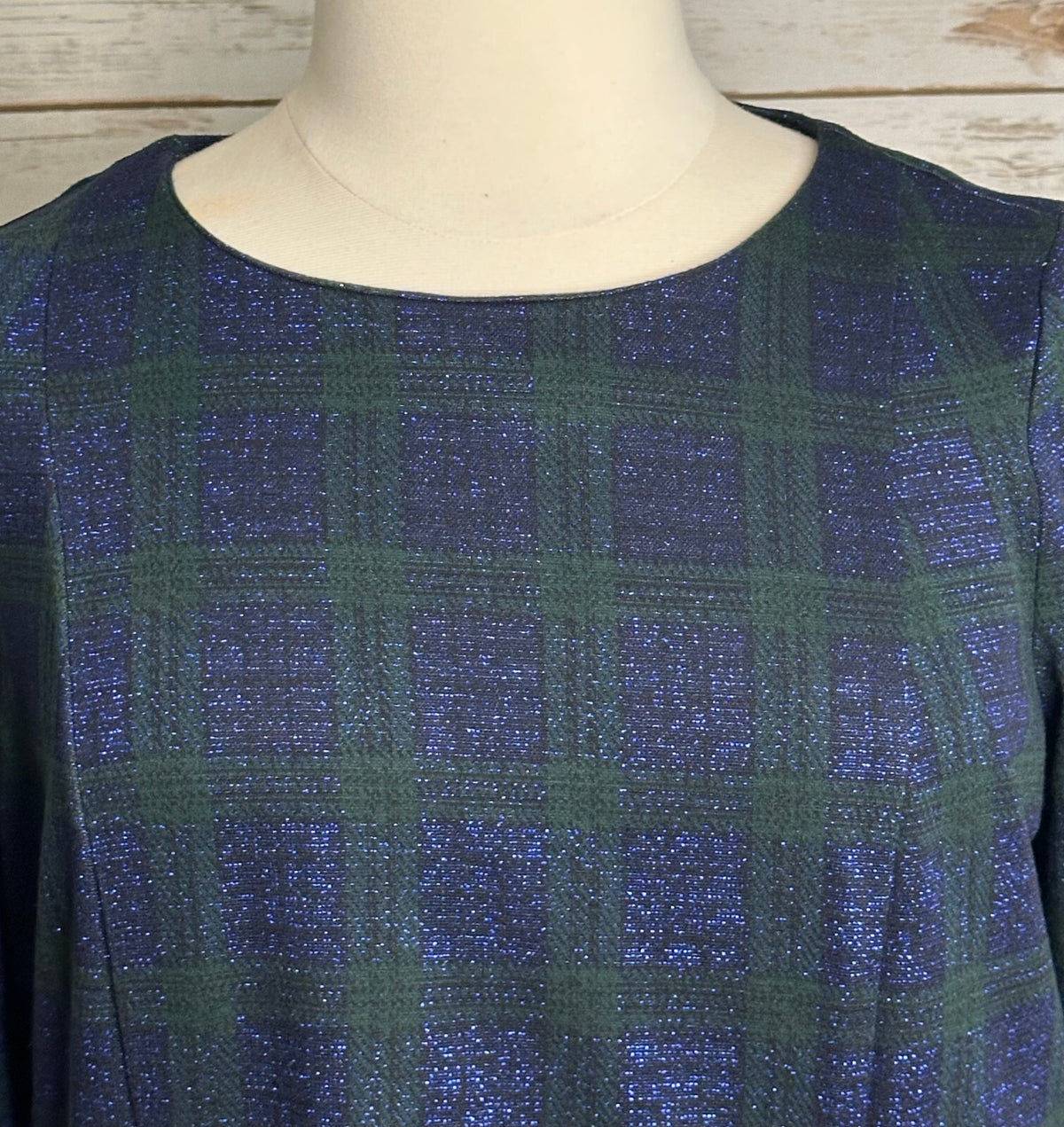 Talbots metallic navy green plaid 3/4 length sleeve gold zipper top 1X preppy