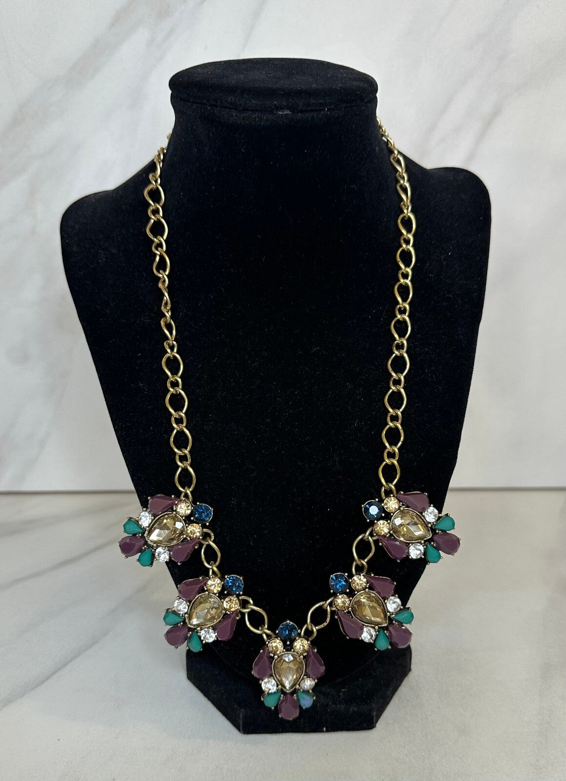 Jewelmint blue purple teal crystal gold tone statement bib necklace