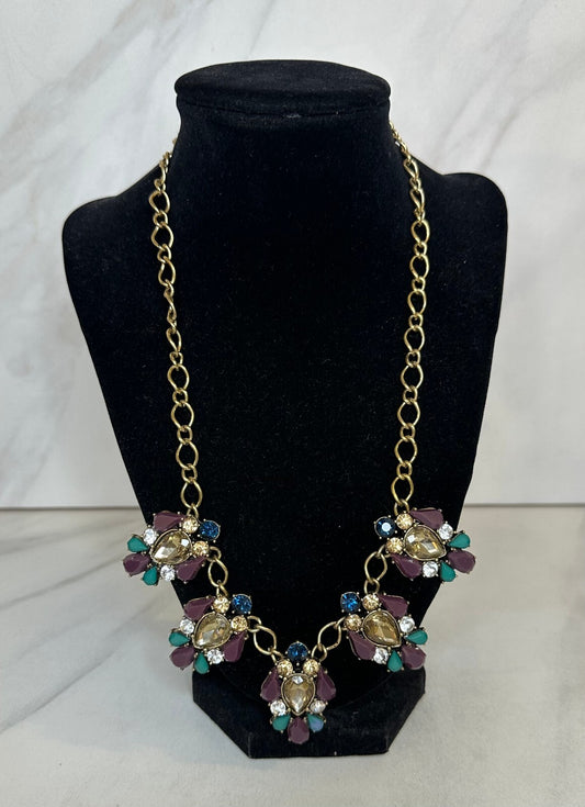 Jewelmint blue purple teal crystal gold tone statement bib necklace