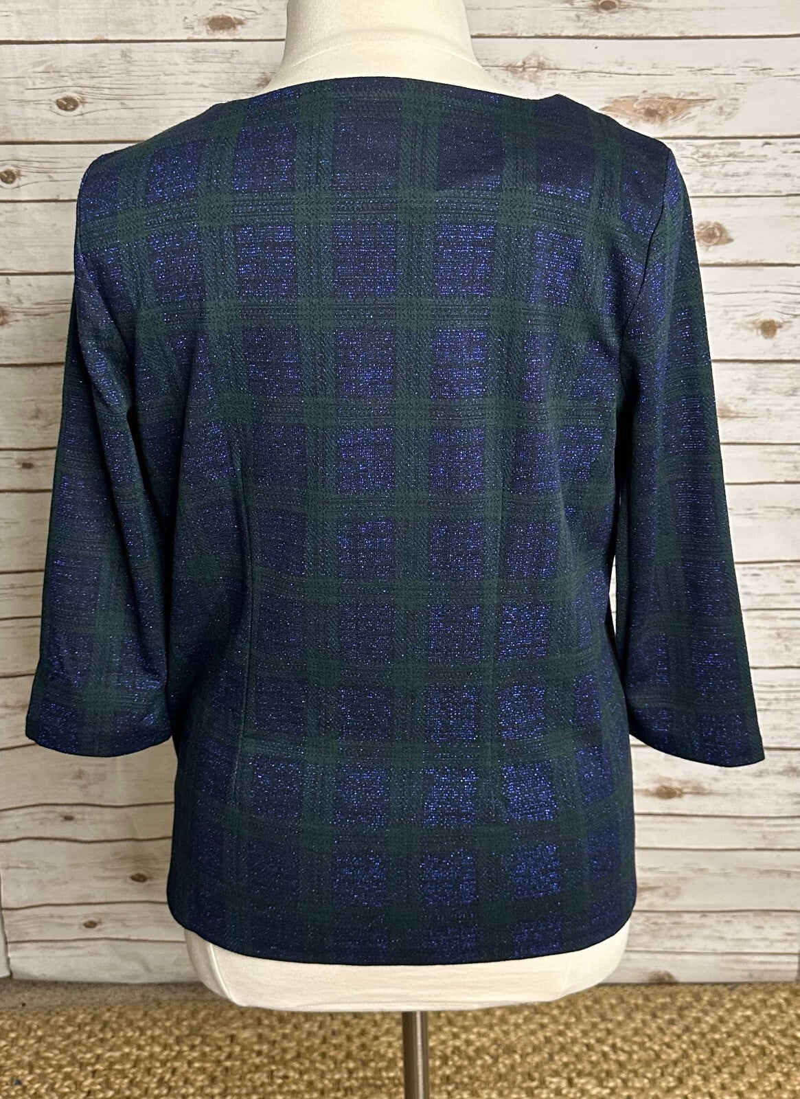 Talbots metallic navy green plaid 3/4 length sleeve gold zipper top 1X preppy