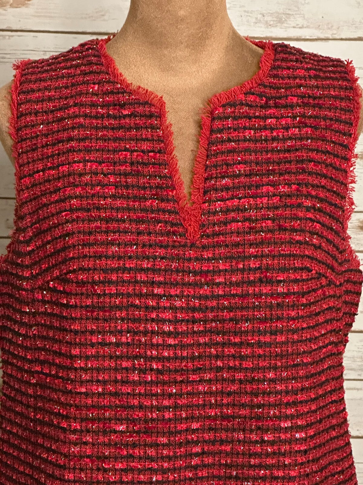 Ann Taylor red black metallic tweed fringe V-neck sleeveless shift dress Size 6
