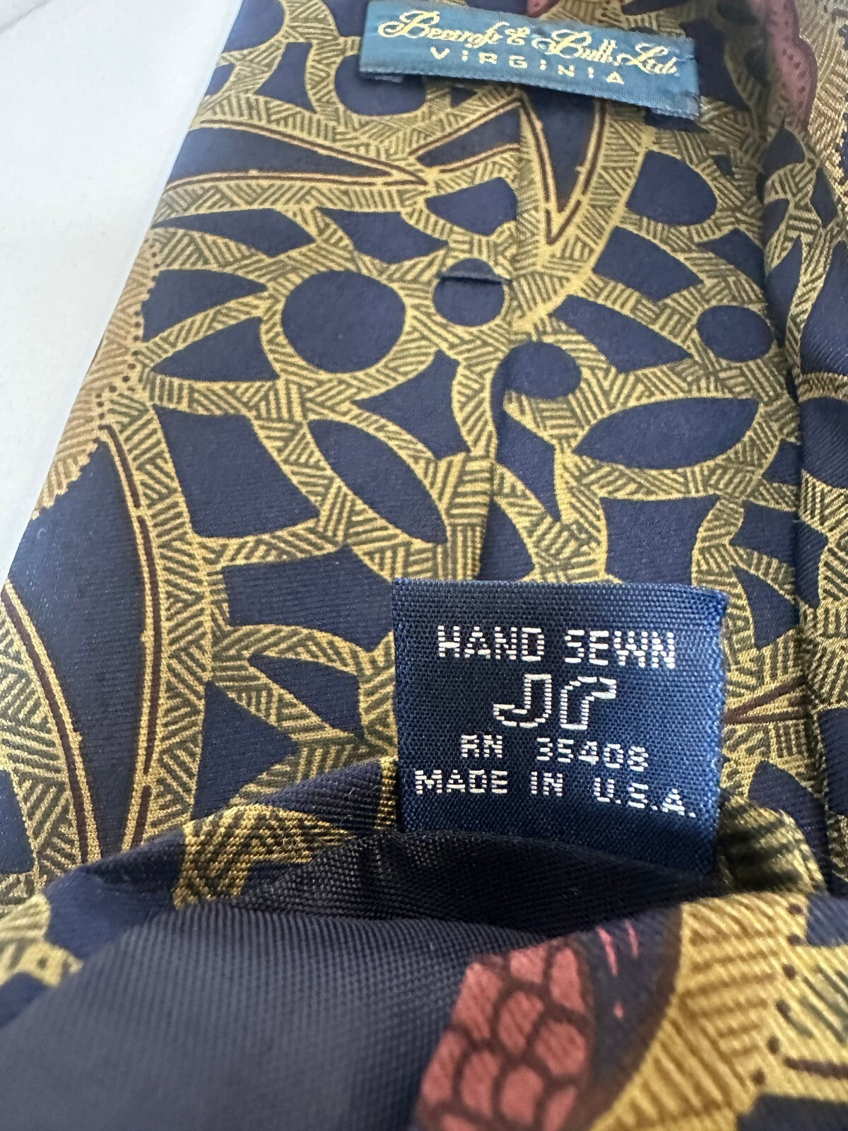 Vintage Beecroft & Bull Ltd navy gold dusty rose abstract floral 100% silk tie