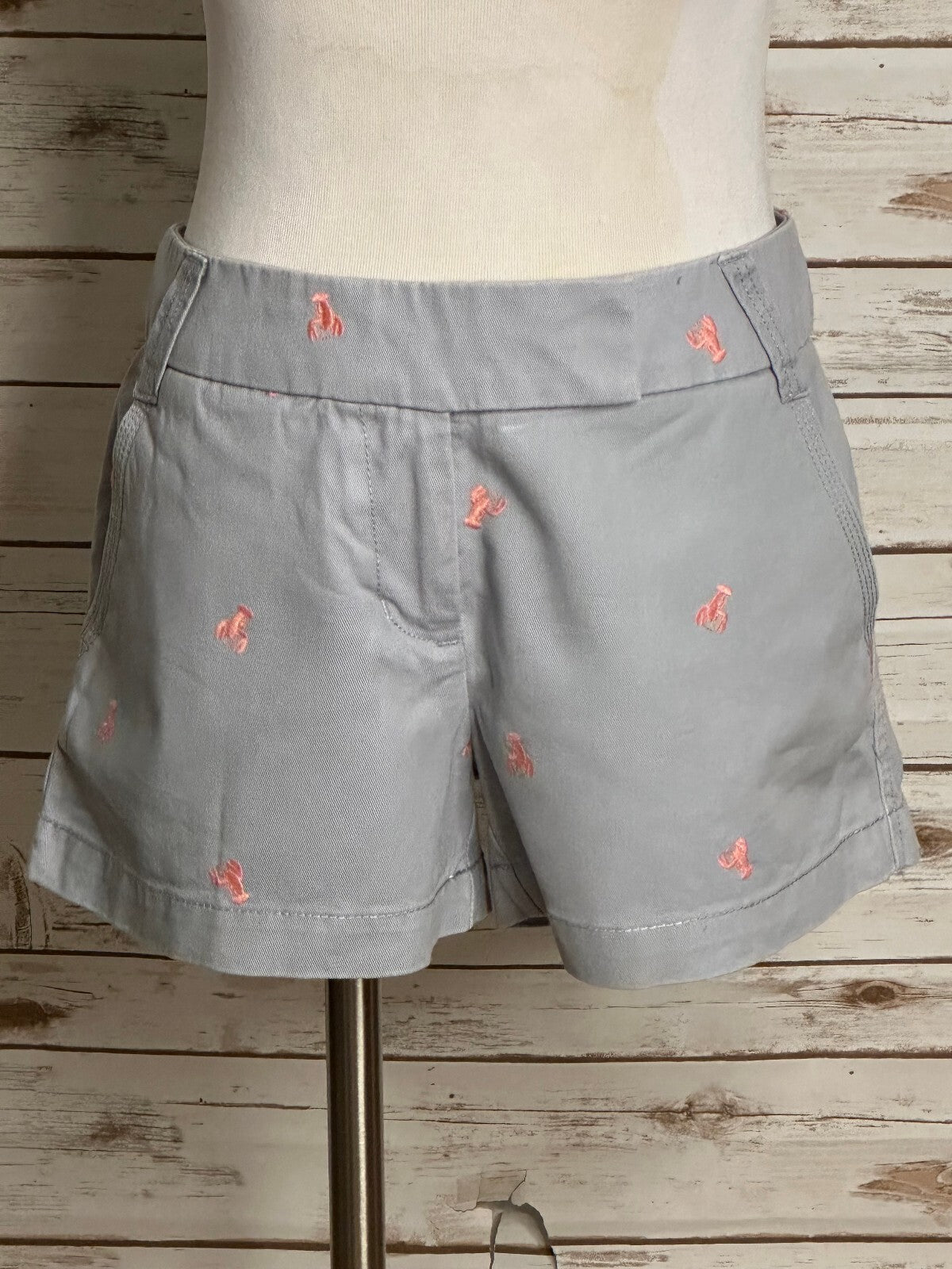 J.Crew Broken-In grey pink lobster embroidered chino shorts Size 8 preppy